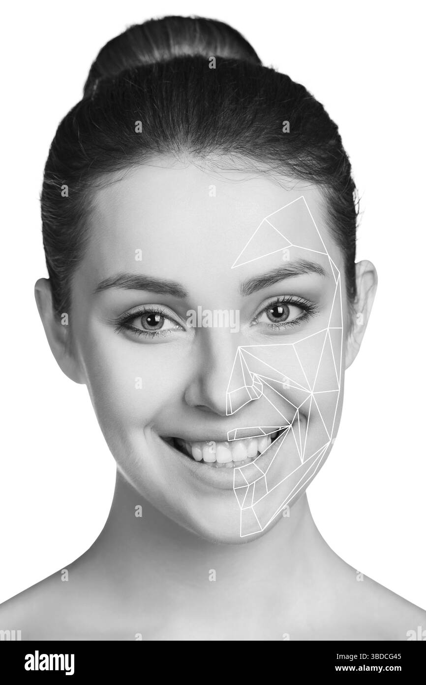 Parte anteriore ritratto di donna con la bellezza viso sullo sfondo grigio Foto Stock