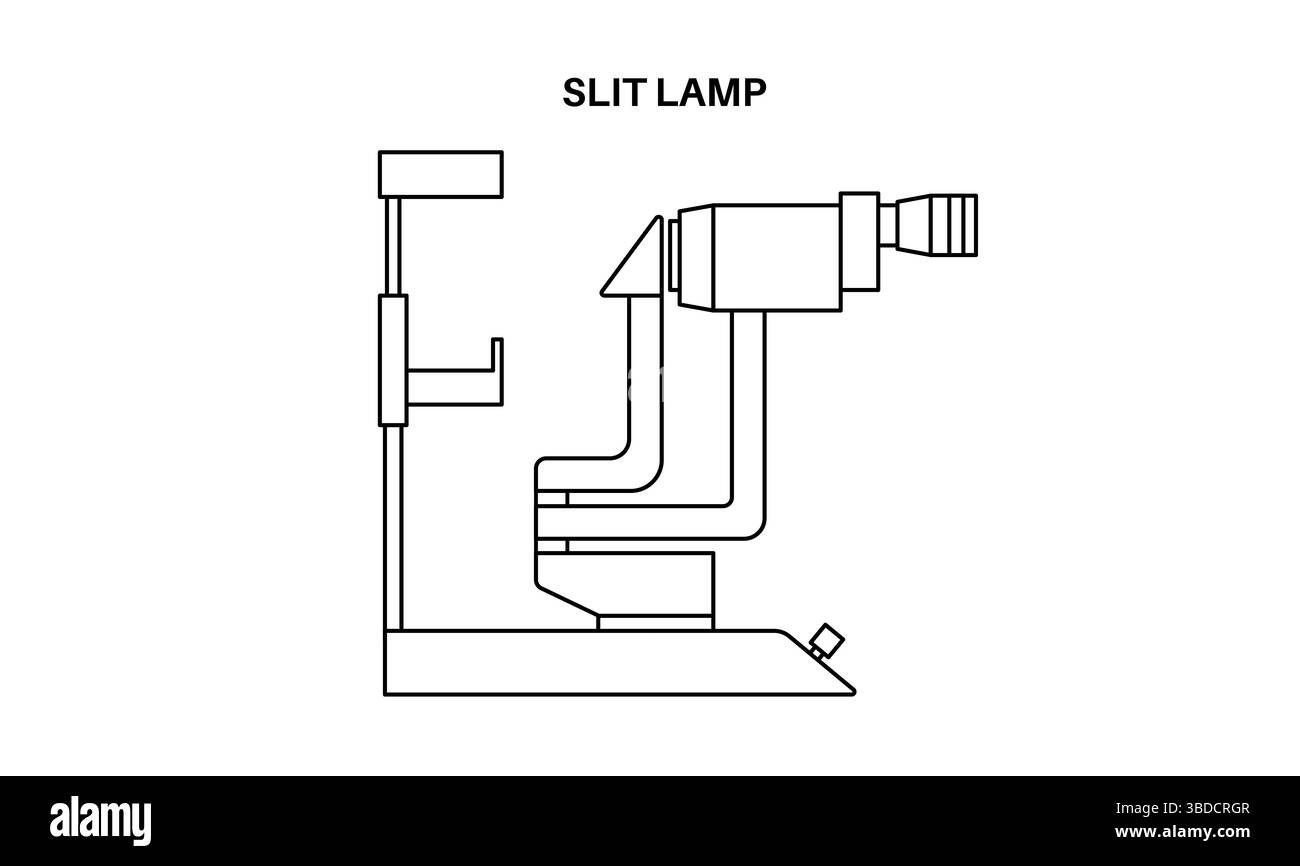 Immagine di un esame con lampada a fessura. Si tratta di una procedura di routine che utilizza un microscopio specializzato con una sorgente luminosa brillante per esaminare le strutture interne ed esterne dell'occhio. È spesso usato per monitorare varie condizioni oculari, tra cui cataratta e glaucoma. Foto Stock