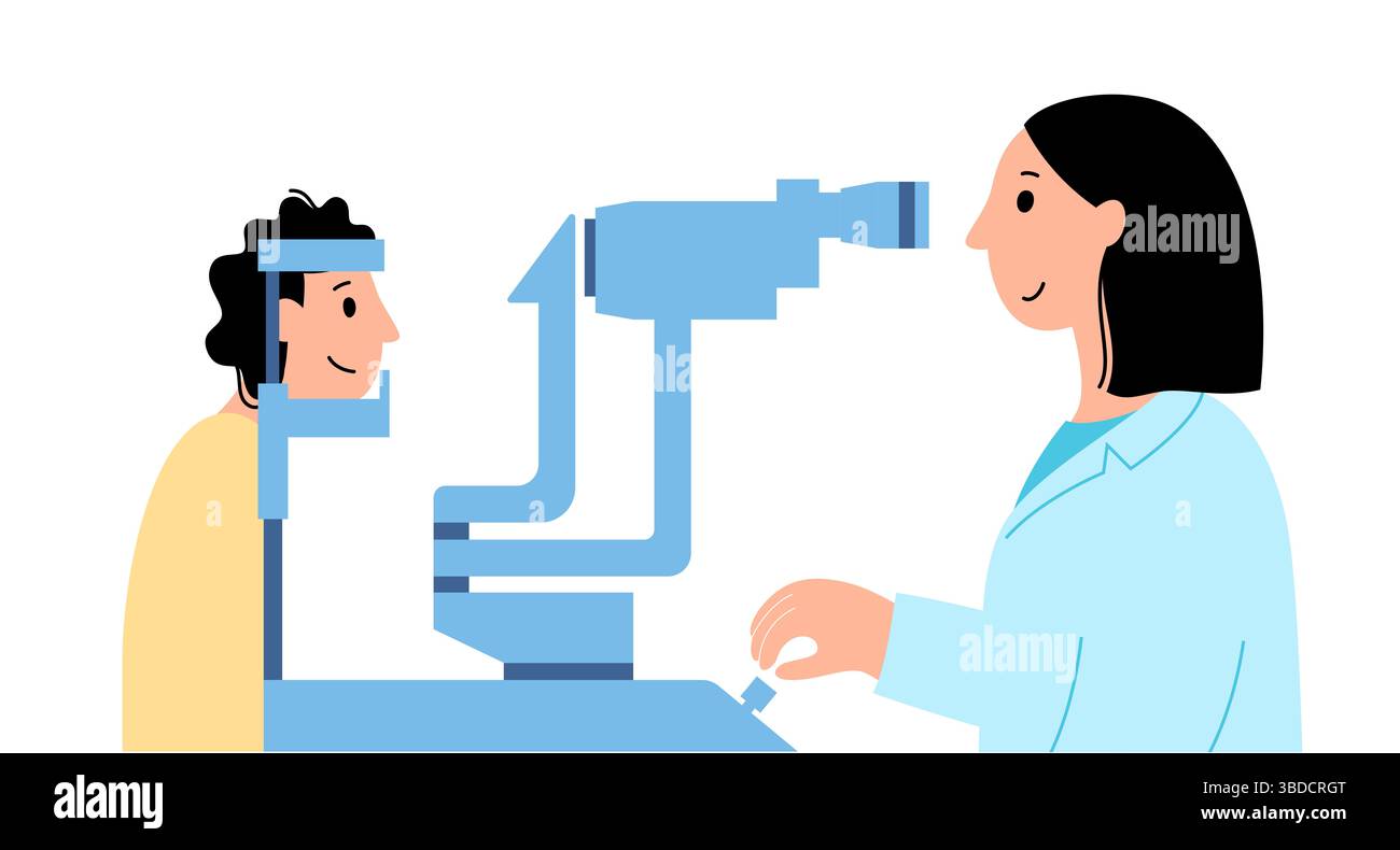 Immagine di un esame con lampada a fessura. Si tratta di una procedura di routine che utilizza un microscopio specializzato con una sorgente luminosa brillante per esaminare le strutture interne ed esterne dell'occhio. È spesso usato per monitorare varie condizioni oculari, tra cui cataratta e glaucoma. Foto Stock