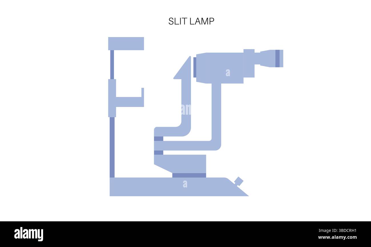 Immagine di un esame con lampada a fessura. Si tratta di una procedura di routine che utilizza un microscopio specializzato con una sorgente luminosa brillante per esaminare le strutture interne ed esterne dell'occhio. È spesso usato per monitorare varie condizioni oculari, tra cui cataratta e glaucoma. Foto Stock