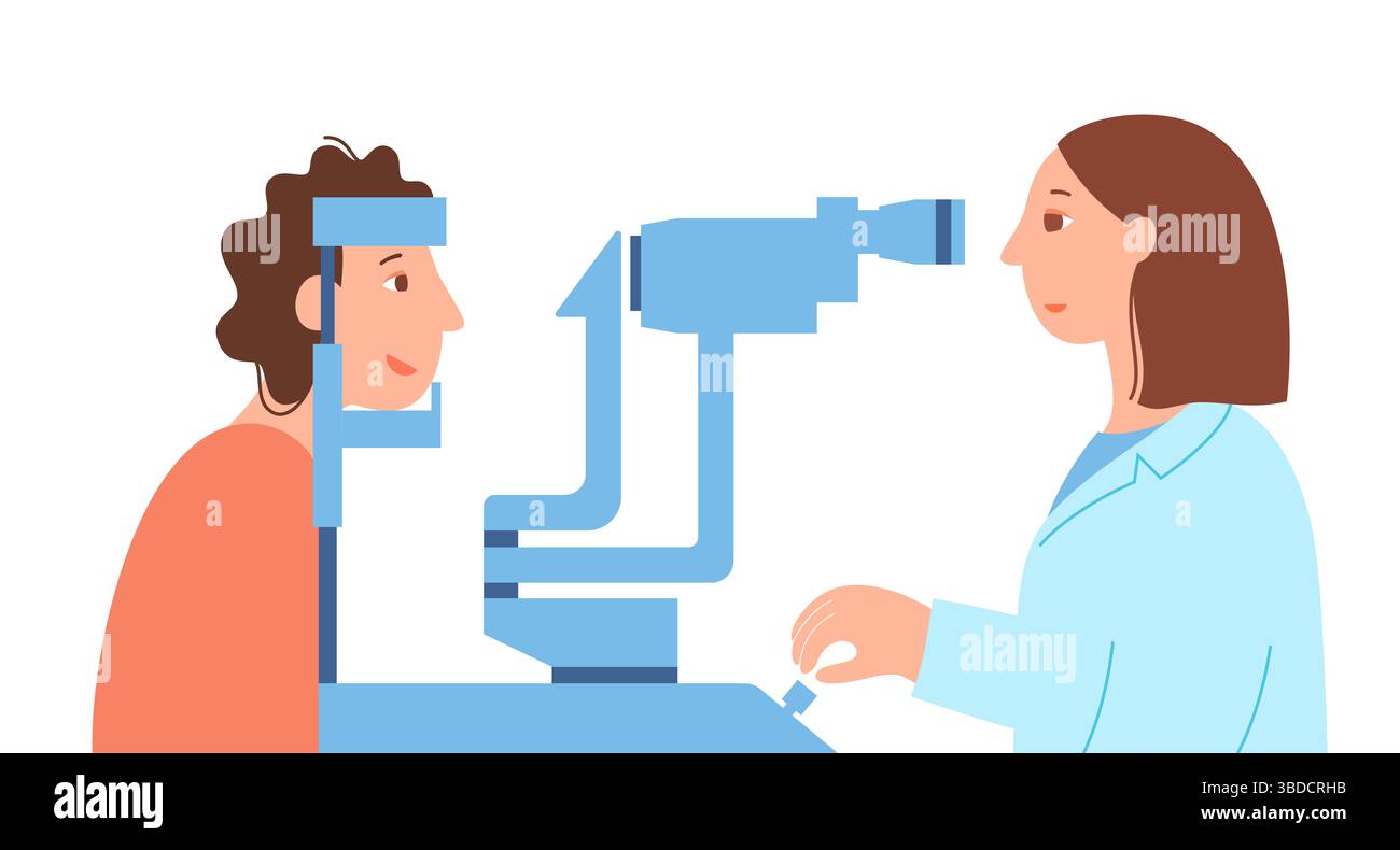 Immagine di un esame con lampada a fessura. Si tratta di una procedura di routine che utilizza un microscopio specializzato con una sorgente luminosa brillante per esaminare le strutture interne ed esterne dell'occhio. È spesso usato per monitorare varie condizioni oculari, tra cui cataratta e glaucoma. Foto Stock
