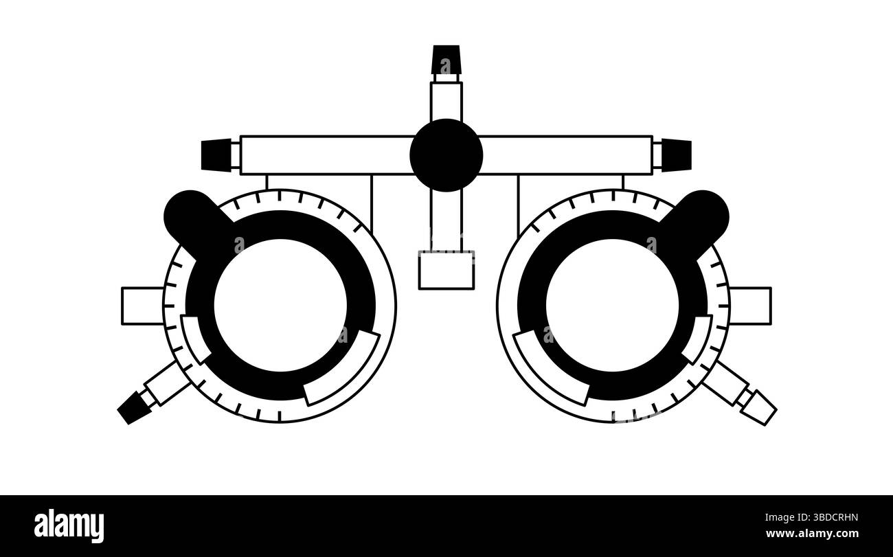 Immagine di un telaio di prova oftalmico. Si tratta di una montatura per occhiali regolabile progettata per contenere varie lenti di prova per testare la visione e trovare la prescrizione corretta. Viene utilizzato dagli oftalmologi e dagli optometristi per valutare gli errori di rifrazione del paziente, come miopia (miopia) e astigmatismo. Foto Stock