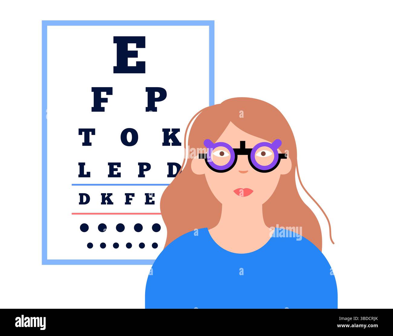 Illustrazione di un esame di vista con un fotogramma di prova oftalmico. Un test con diagramma oculare valuta l'acuità visiva misurando la chiarezza con cui un paziente può vedere lettere o altri simboli a una distanza specifica. Una montatura di prova oftalmica è una montatura per occhiali regolabile progettata per contenere varie lenti di prova per testare la visione e trovare la prescrizione corretta. Foto Stock