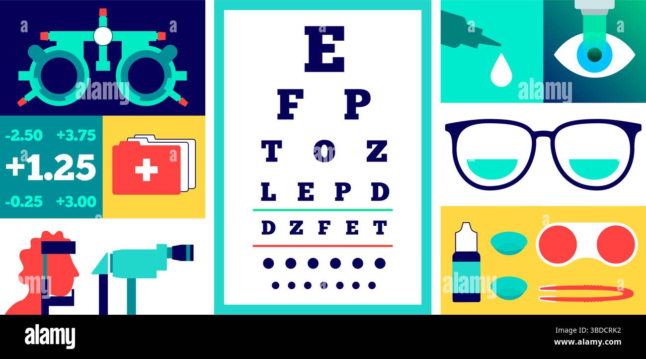 Illustrazione concettuale dell'optometria che mostra un grafico oculistico, una cornice di prova oftalmica, occhiali, collirio, pinzette, lenti a contatto e lenti a contatto. Foto Stock