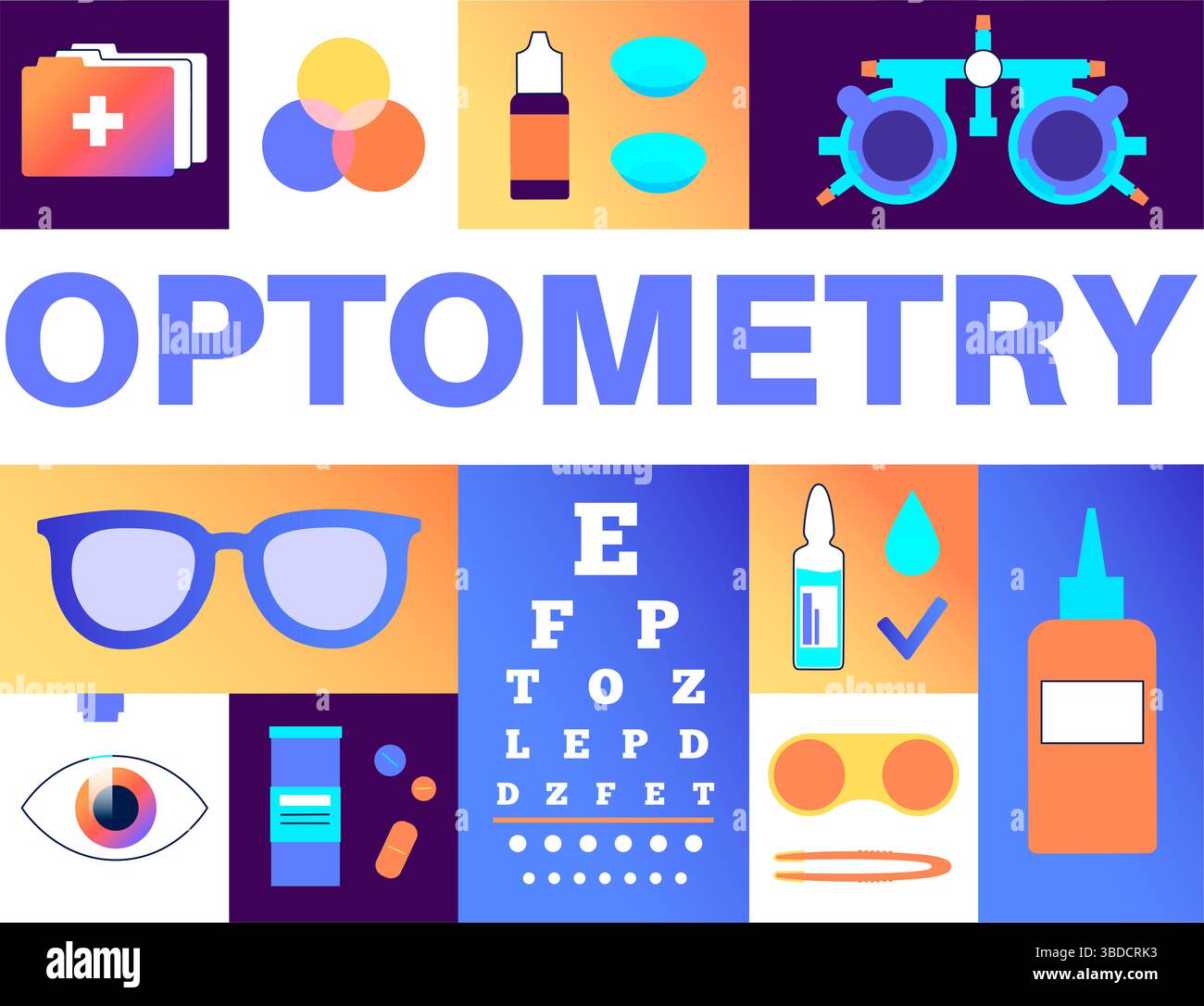 Illustrazione concettuale dell'optometria che mostra un grafico oculistico, una cornice di prova oftalmica, occhiali, collirio, pinzette, lenti a contatto e lenti a contatto. Foto Stock