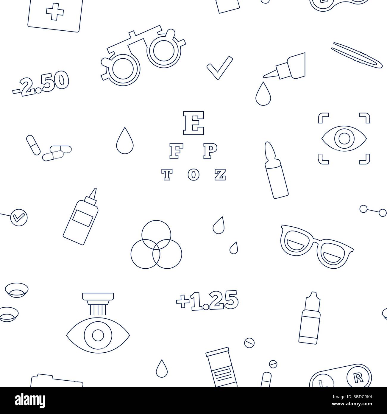 Illustrazione concettuale della cura degli occhi, che mostra varie icone optometriche come occhiali, lenti a contatto, soluzioni per lenti a contatto e correzione laser, tra le altre. Foto Stock
