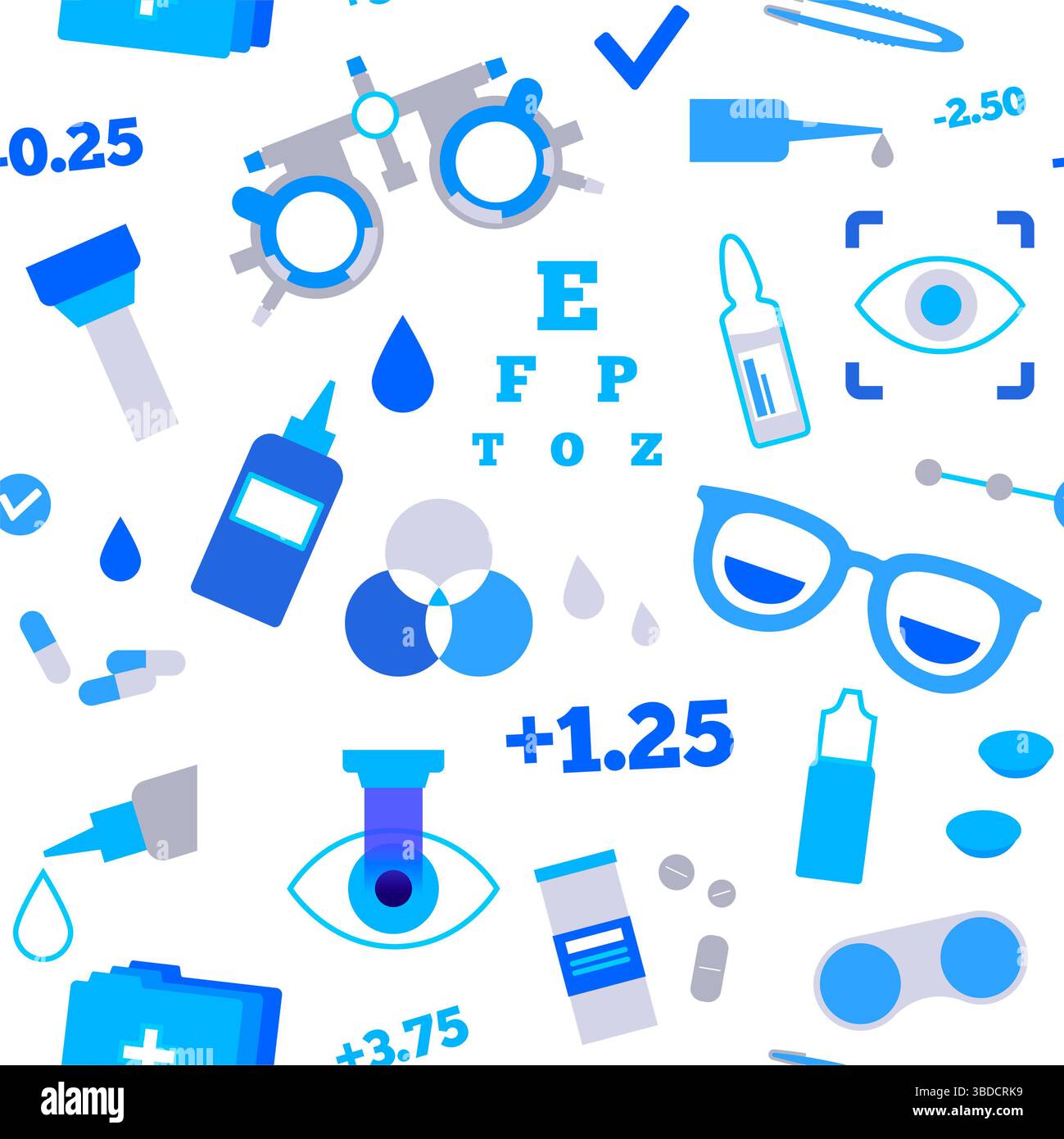 Illustrazione concettuale della cura degli occhi, che mostra varie icone optometriche come occhiali, lenti a contatto, soluzioni per lenti a contatto e correzione laser, tra le altre. Foto Stock