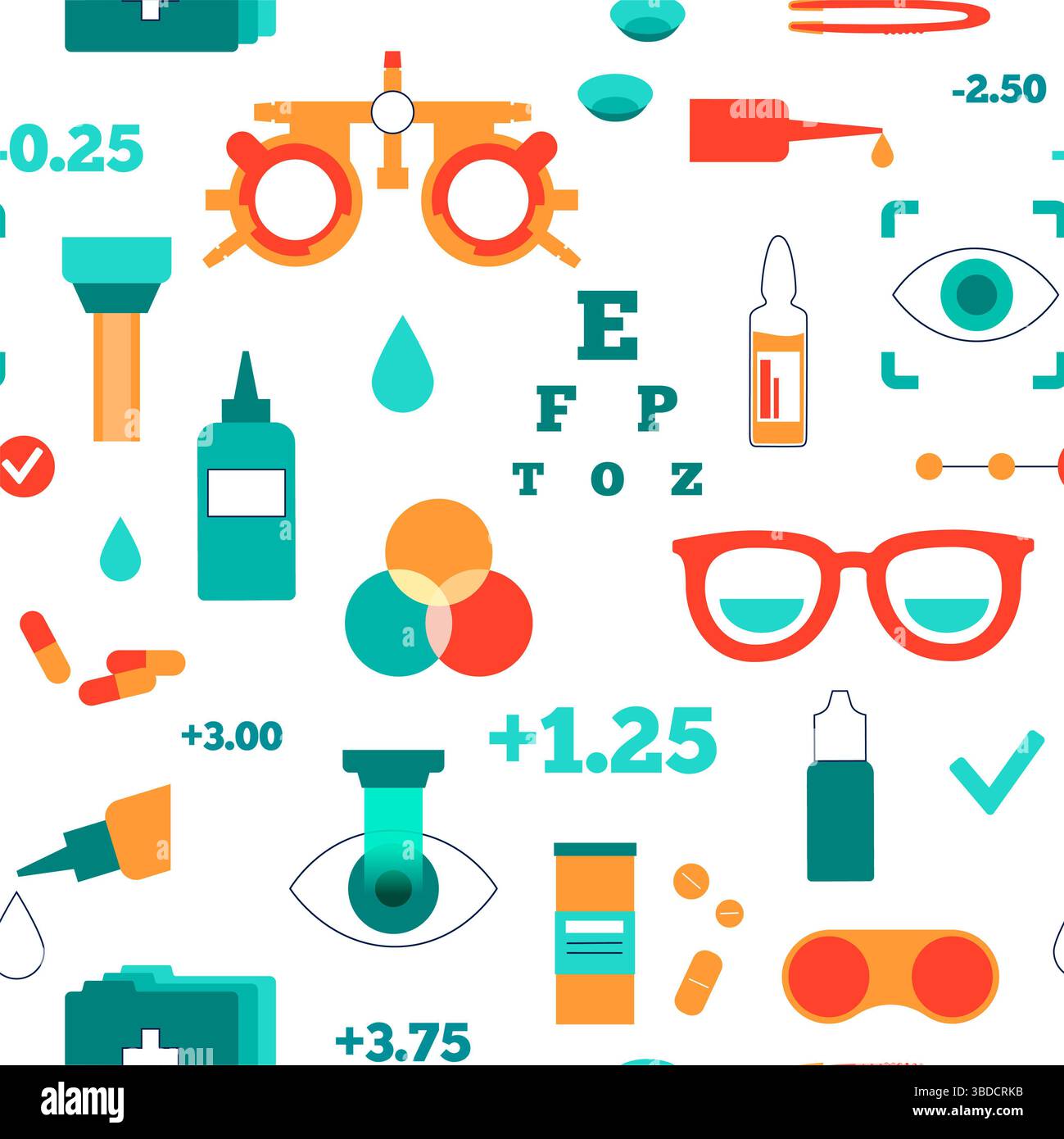 Illustrazione concettuale della cura degli occhi, che mostra varie icone optometriche come occhiali, lenti a contatto, soluzioni per lenti a contatto e correzione laser, tra le altre. Foto Stock