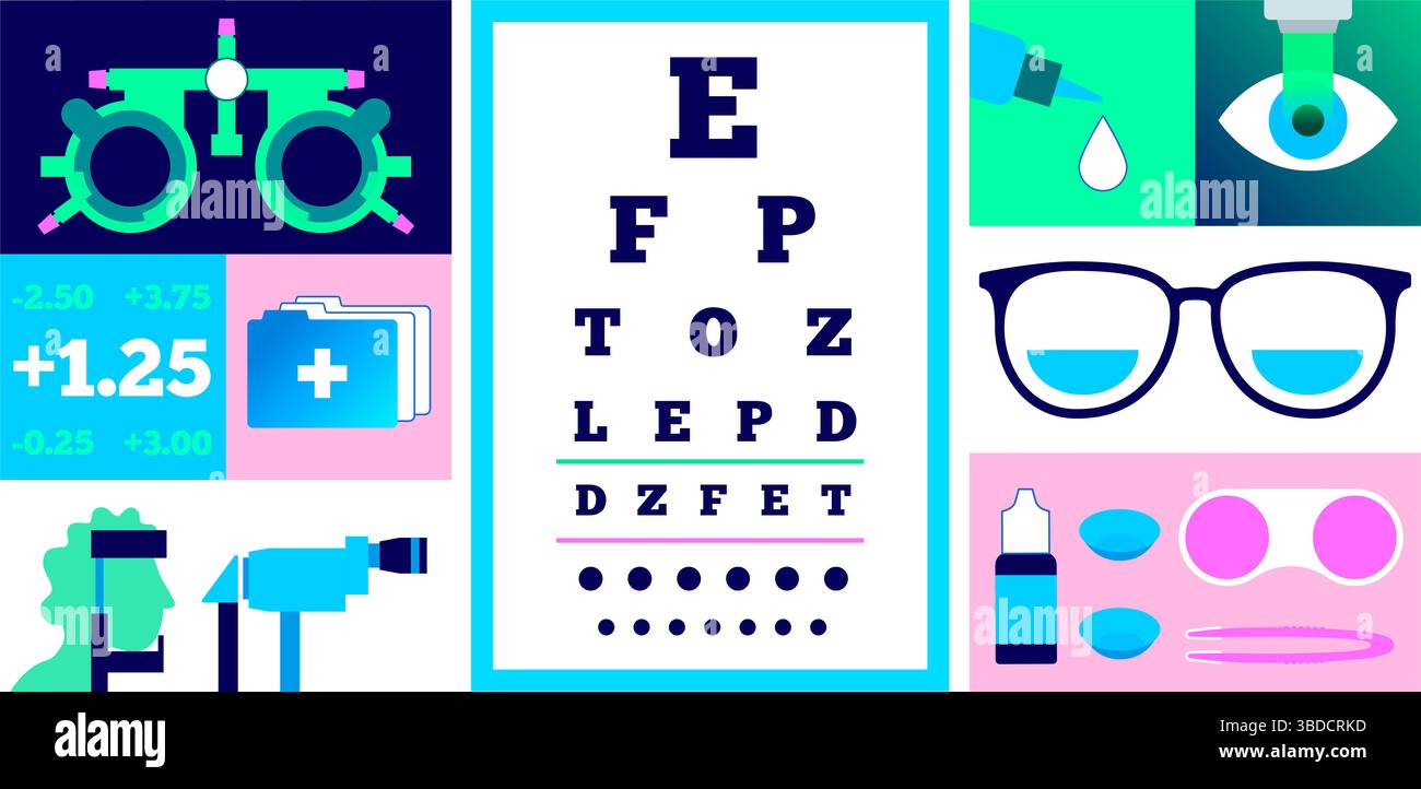 Illustrazione concettuale dell'optometria che mostra un grafico oculistico, una cornice di prova oftalmica, occhiali, collirio, pinzette, lenti a contatto e lenti a contatto. Foto Stock