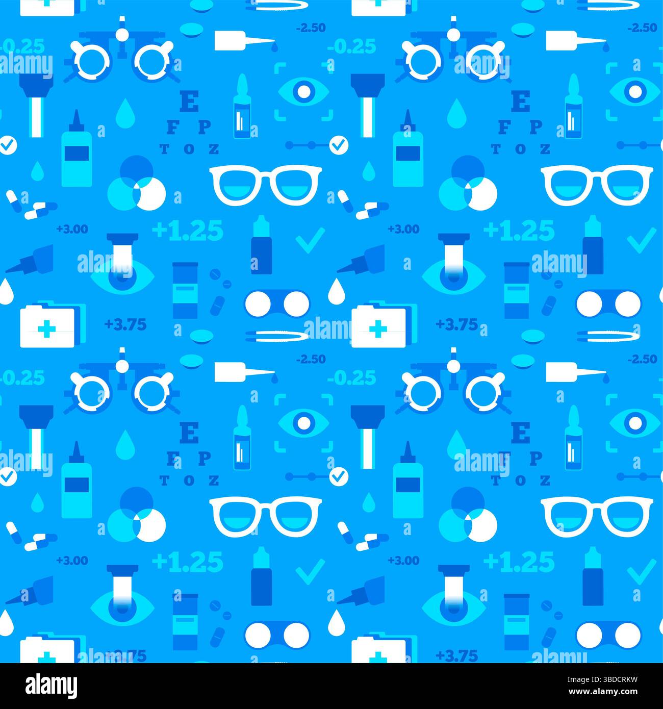 Illustrazione concettuale della cura degli occhi, che mostra varie icone optometriche come occhiali, lenti a contatto, soluzioni per lenti a contatto e correzione laser, tra le altre. Foto Stock