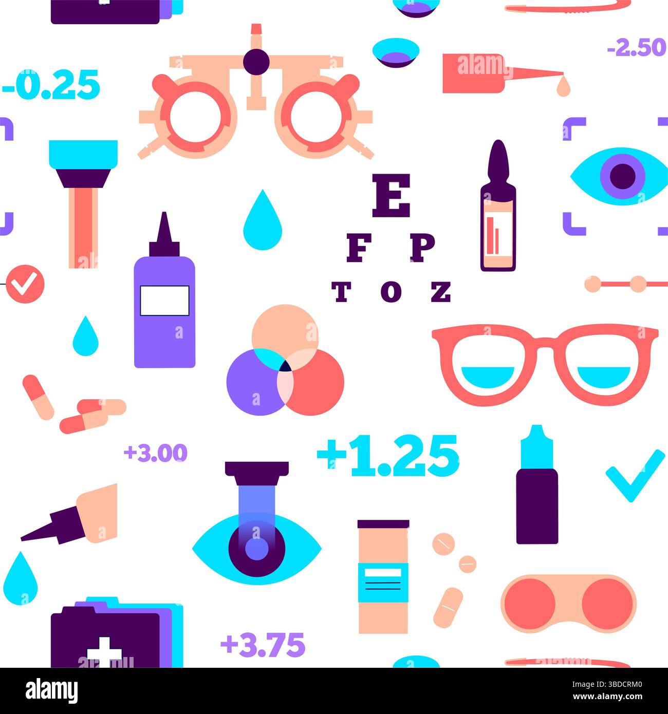 Illustrazione concettuale della cura degli occhi, che mostra varie icone optometriche come occhiali, lenti a contatto, soluzioni per lenti a contatto e correzione laser, tra le altre. Foto Stock