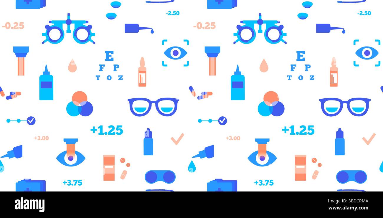 Illustrazione concettuale della cura degli occhi, che mostra varie icone optometriche come occhiali, lenti a contatto, soluzioni per lenti a contatto e correzione laser, tra le altre. Foto Stock