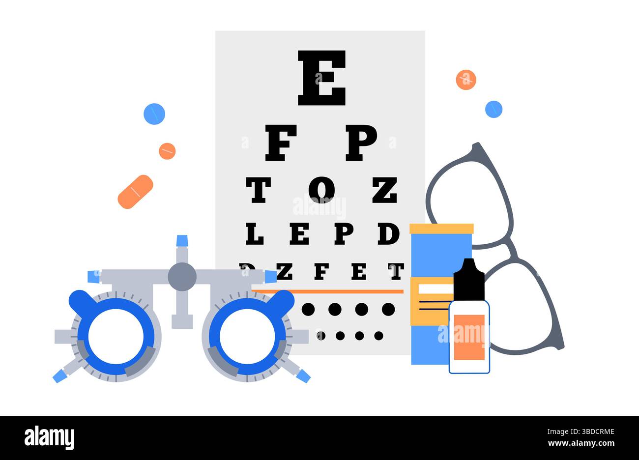 Illustrazione di un esame e trattamento oculare. Un test con diagramma oculare valuta l'acuità visiva misurando la chiarezza con cui un paziente può vedere lettere o altri simboli a una distanza specifica. Una montatura di prova oftalmica è una montatura per occhiali regolabile progettata per contenere varie lenti di prova per testare la visione e trovare la prescrizione corretta. I trattamenti correttivi sono con lenti a contatto. Foto Stock