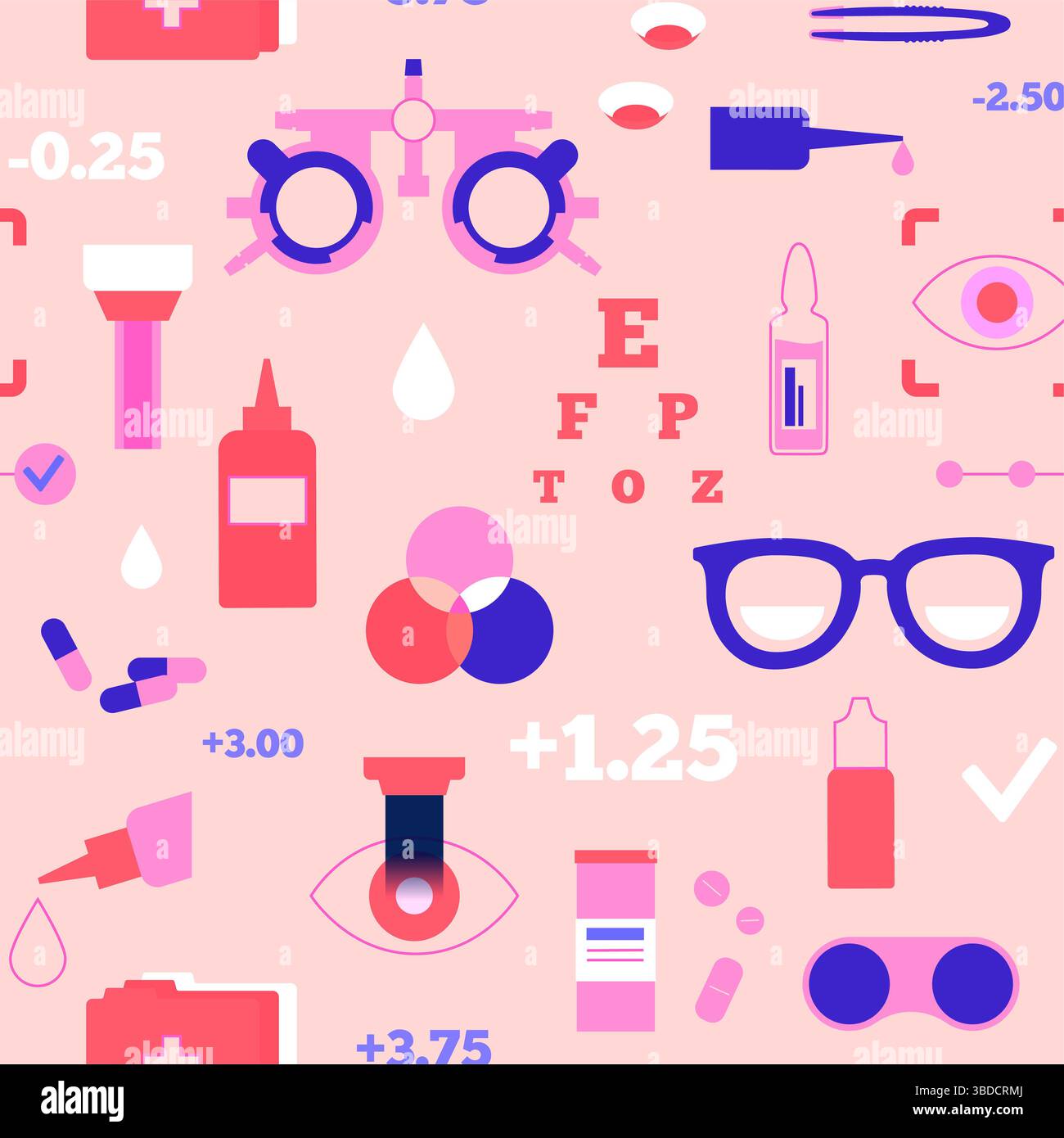 Illustrazione concettuale della cura degli occhi, che mostra varie icone optometriche come occhiali, lenti a contatto, soluzioni per lenti a contatto e correzione laser, tra le altre. Foto Stock