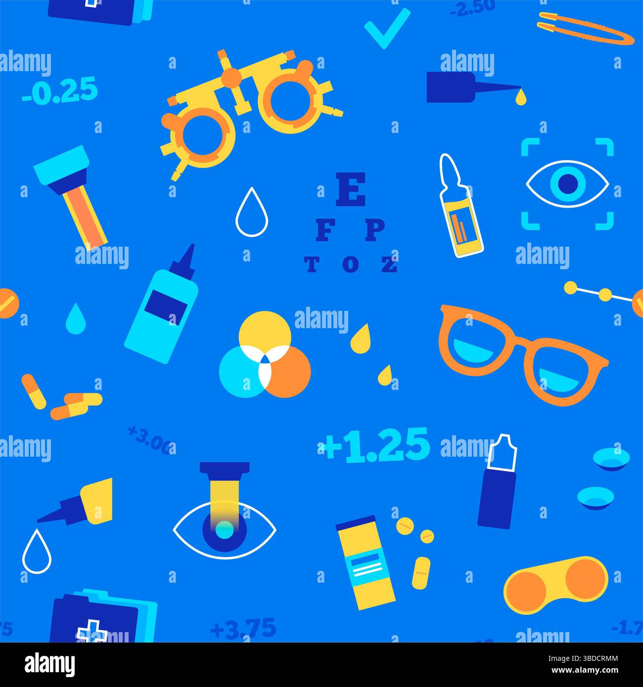 Illustrazione concettuale della cura degli occhi, che mostra varie icone optometriche come occhiali, lenti a contatto, soluzioni per lenti a contatto e correzione laser, tra le altre. Foto Stock