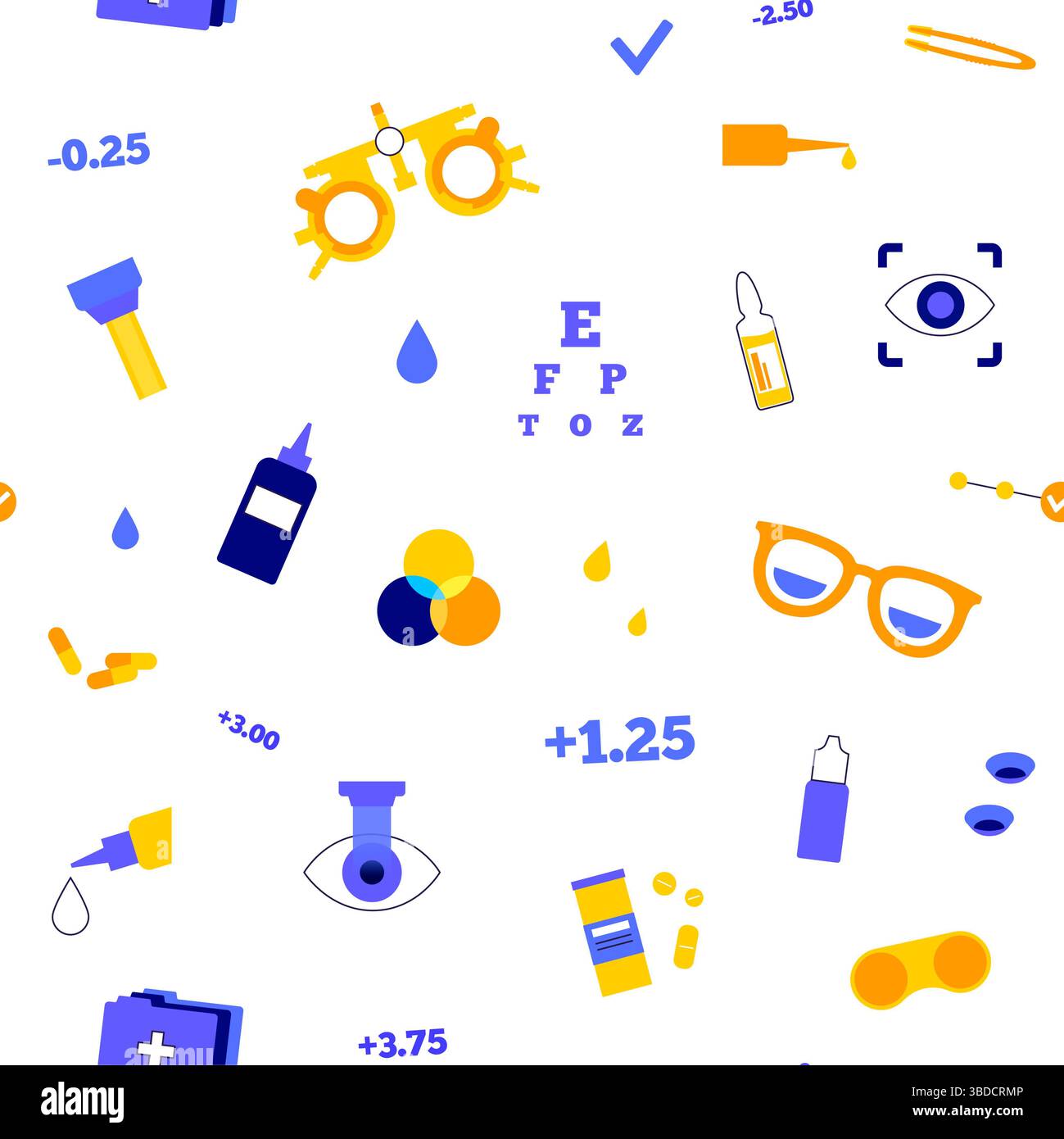 Illustrazione concettuale della cura degli occhi, che mostra varie icone optometriche come occhiali, lenti a contatto, soluzioni per lenti a contatto e correzione laser, tra le altre. Foto Stock