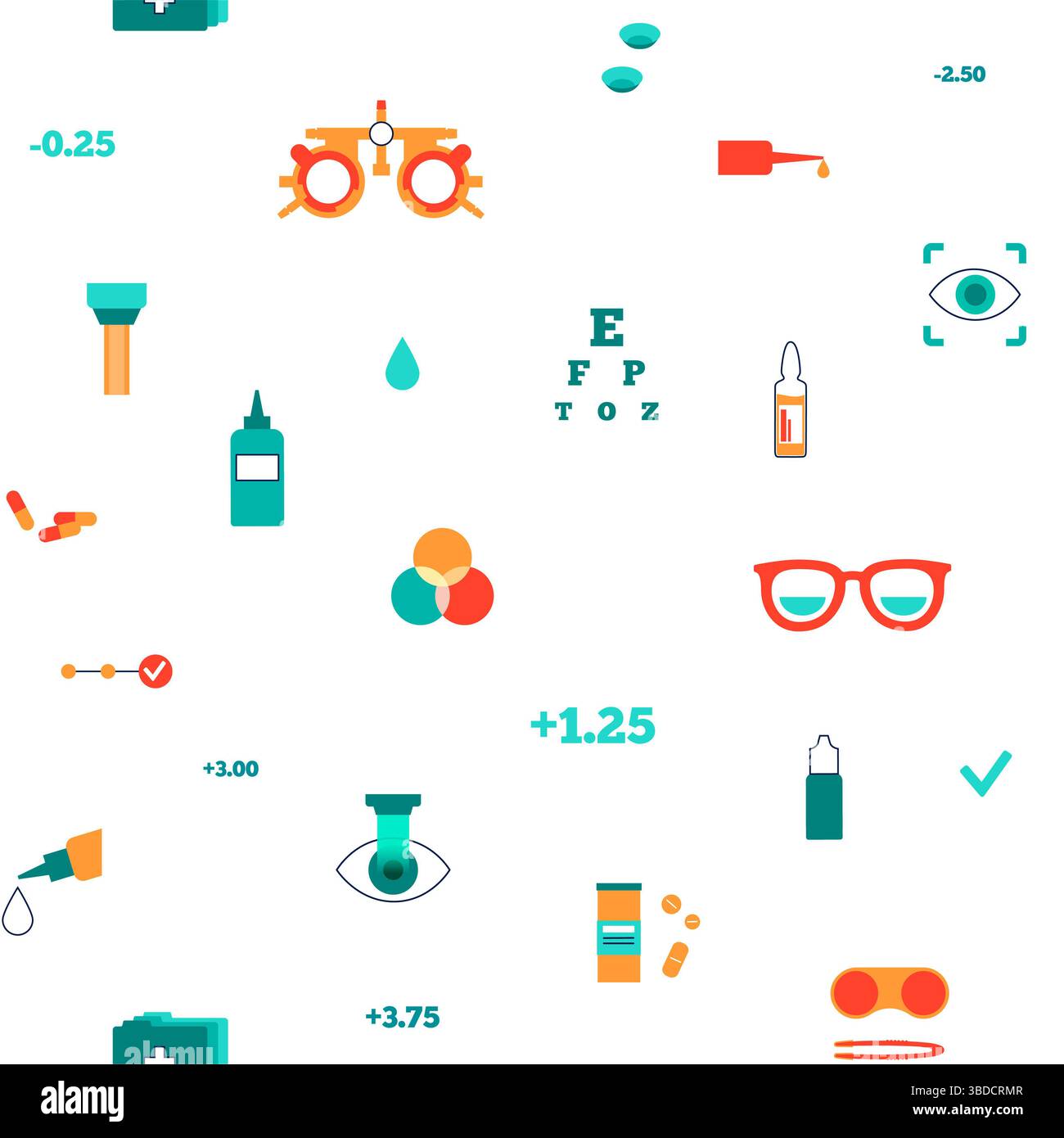 Illustrazione concettuale della cura degli occhi, che mostra varie icone optometriche come occhiali, lenti a contatto, soluzioni per lenti a contatto e correzione laser, tra le altre. Foto Stock