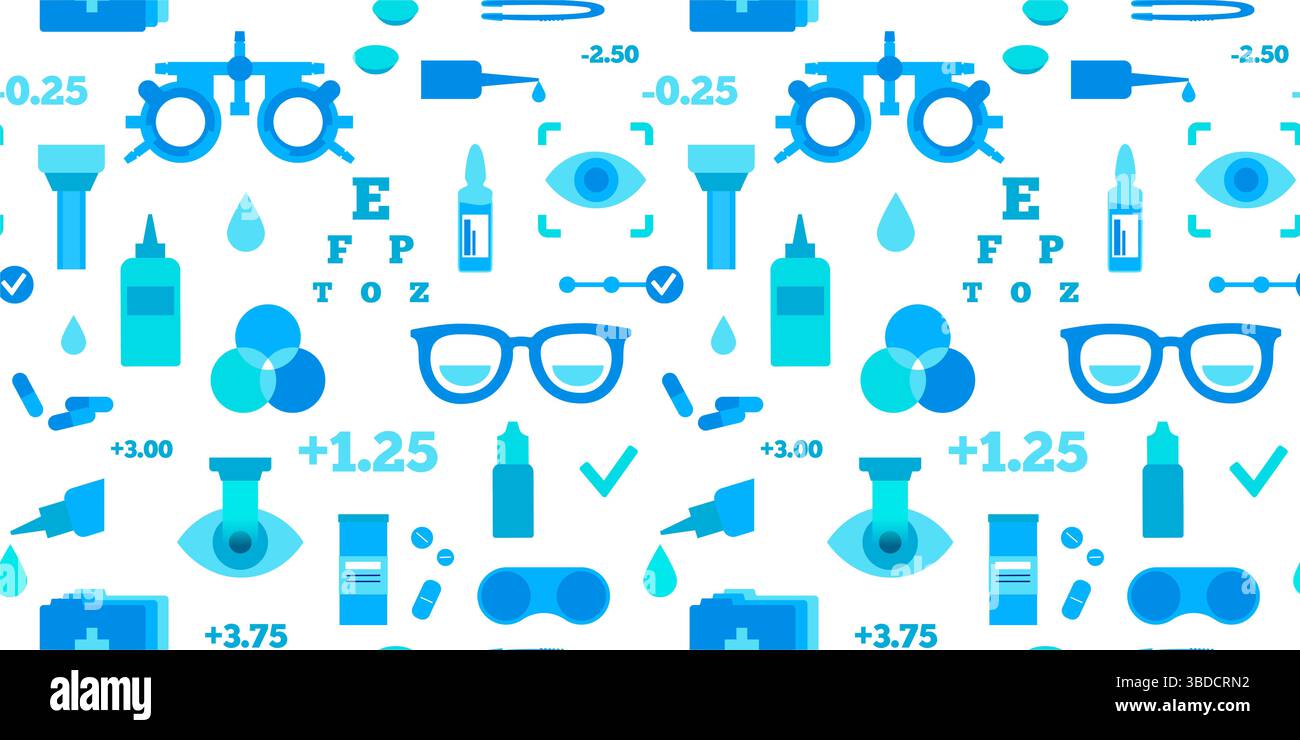 Illustrazione concettuale della cura degli occhi, che mostra varie icone optometriche come occhiali, lenti a contatto, soluzioni per lenti a contatto e correzione laser, tra le altre. Foto Stock