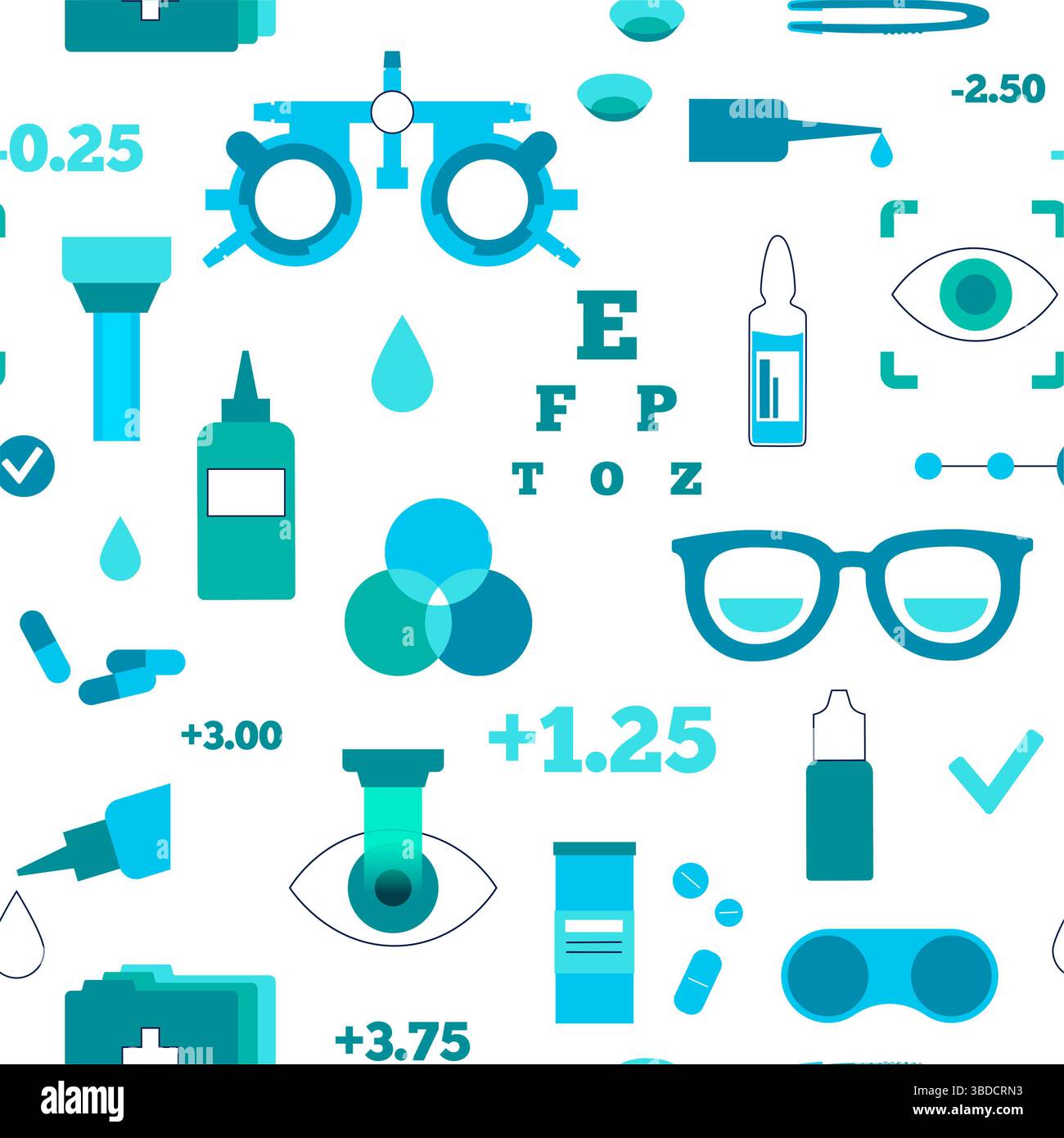 Illustrazione concettuale della cura degli occhi, che mostra varie icone optometriche come occhiali, lenti a contatto, soluzioni per lenti a contatto e correzione laser, tra le altre. Foto Stock