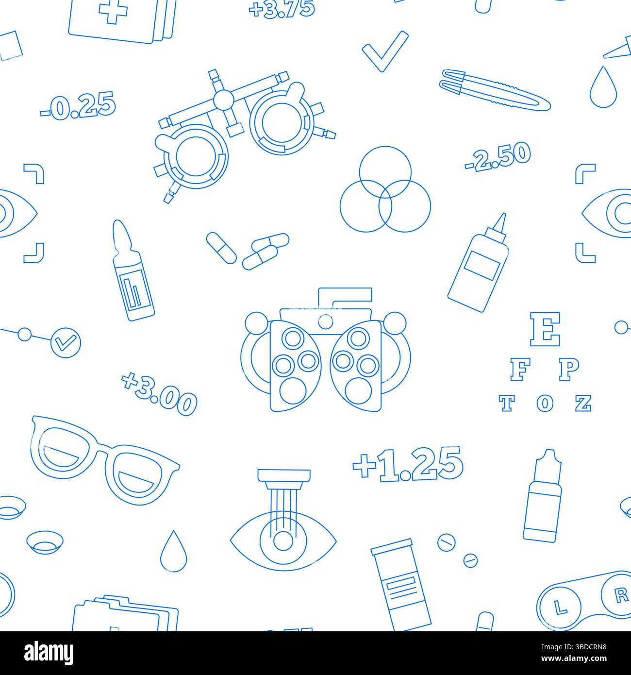 Illustrazione concettuale della cura degli occhi, che mostra varie icone optometriche come occhiali, lenti a contatto, soluzioni per lenti a contatto e correzione laser, tra le altre. Foto Stock