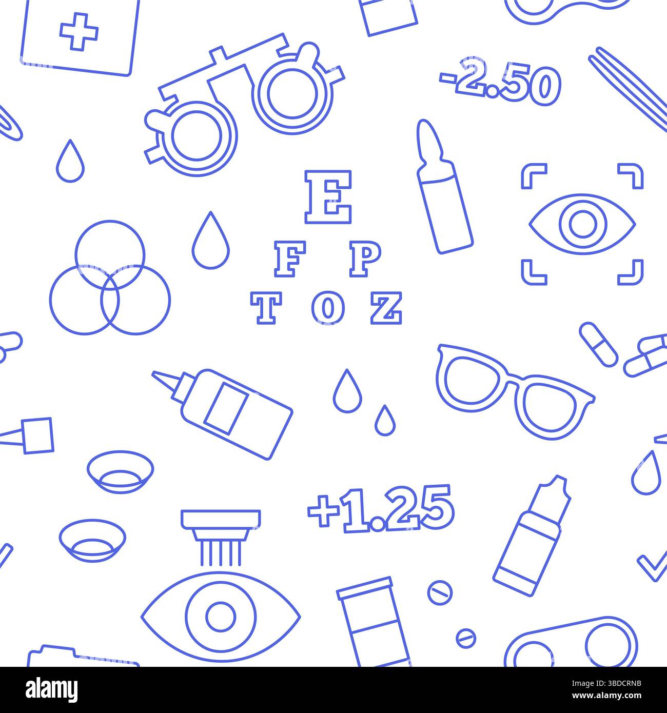 Illustrazione concettuale della cura degli occhi, che mostra varie icone optometriche come occhiali, lenti a contatto, soluzioni per lenti a contatto e correzione laser, tra le altre. Foto Stock