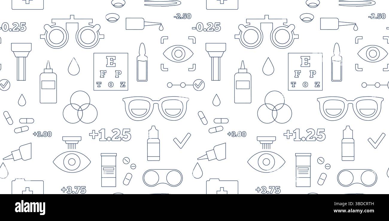 Illustrazione concettuale della cura degli occhi, che mostra varie icone optometriche come occhiali, lenti a contatto, soluzioni per lenti a contatto e correzione laser, tra le altre. Foto Stock