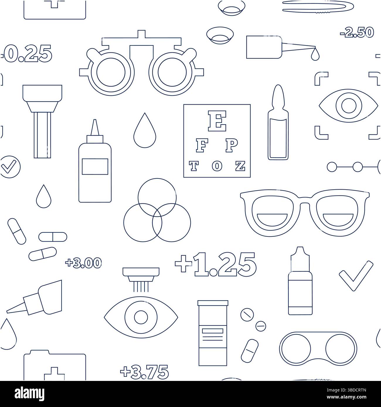 Illustrazione concettuale della cura degli occhi, che mostra varie icone optometriche come occhiali, lenti a contatto, soluzioni per lenti a contatto e correzione laser, tra le altre. Foto Stock
