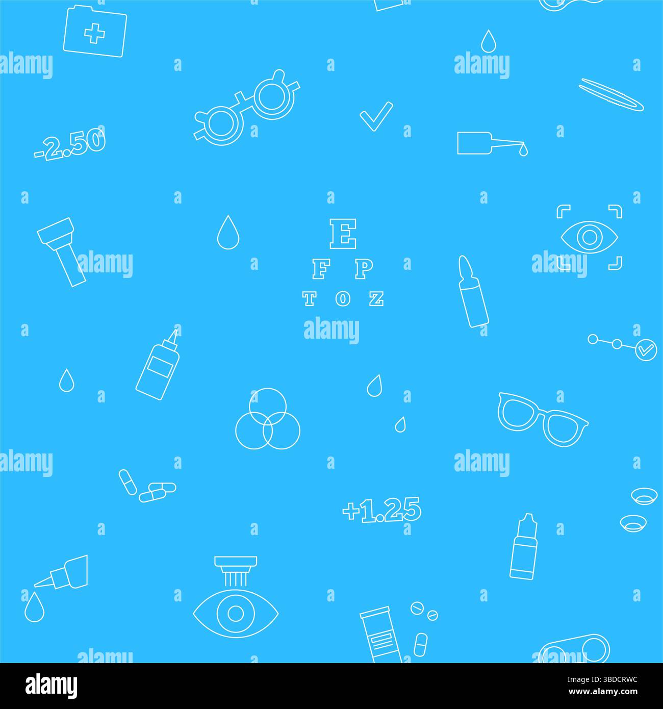 Illustrazione concettuale della cura degli occhi, che mostra varie icone optometriche come occhiali, lenti a contatto, soluzioni per lenti a contatto e correzione laser, tra le altre. Foto Stock