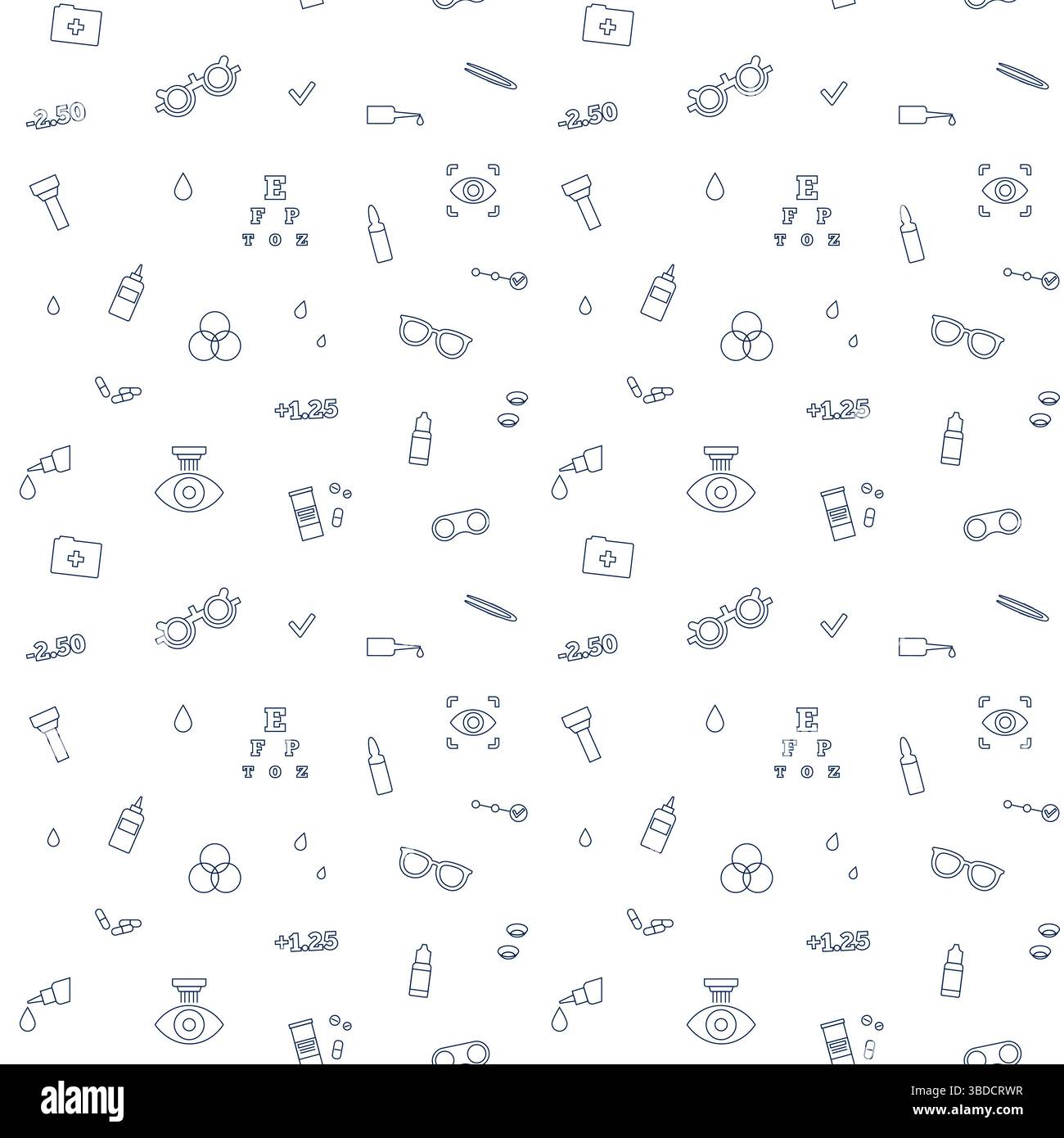 Illustrazione concettuale della cura degli occhi, che mostra varie icone optometriche come occhiali, lenti a contatto, soluzioni per lenti a contatto e correzione laser, tra le altre. Foto Stock