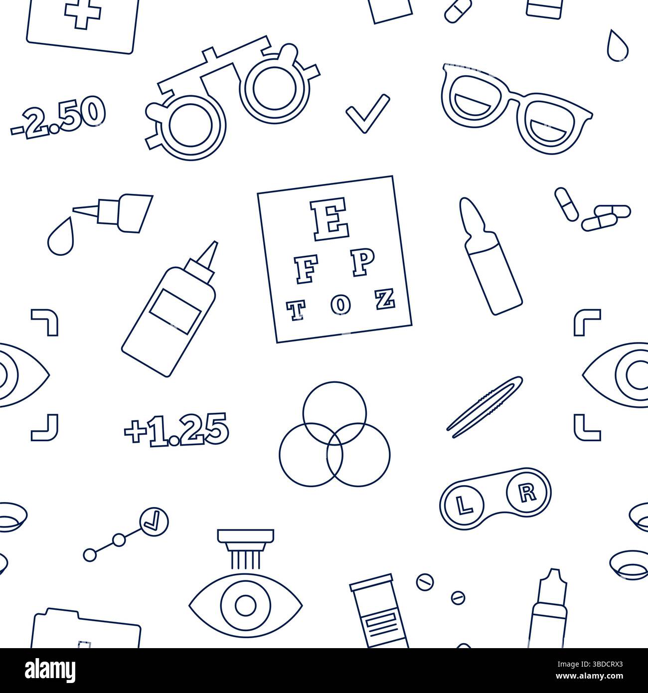 Illustrazione concettuale della cura degli occhi, che mostra varie icone optometriche come occhiali, lenti a contatto, soluzioni per lenti a contatto e correzione laser, tra le altre. Foto Stock