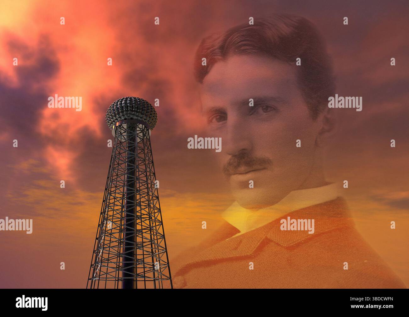 Illustrazione del fisico serbo-americano Nikola Tesla (1856-1943) e del laboratorio della Wardenclyffe Tower costruito da Tesla a Long Island, New York, USA. Foto Stock Illustrazione del fisico serbo-americano Nikola Tesla (1856-1943) e del laboratorio della Wardenclyffe Tower costruito da Tesla a Long Island, New York, USA. Foto Stock
