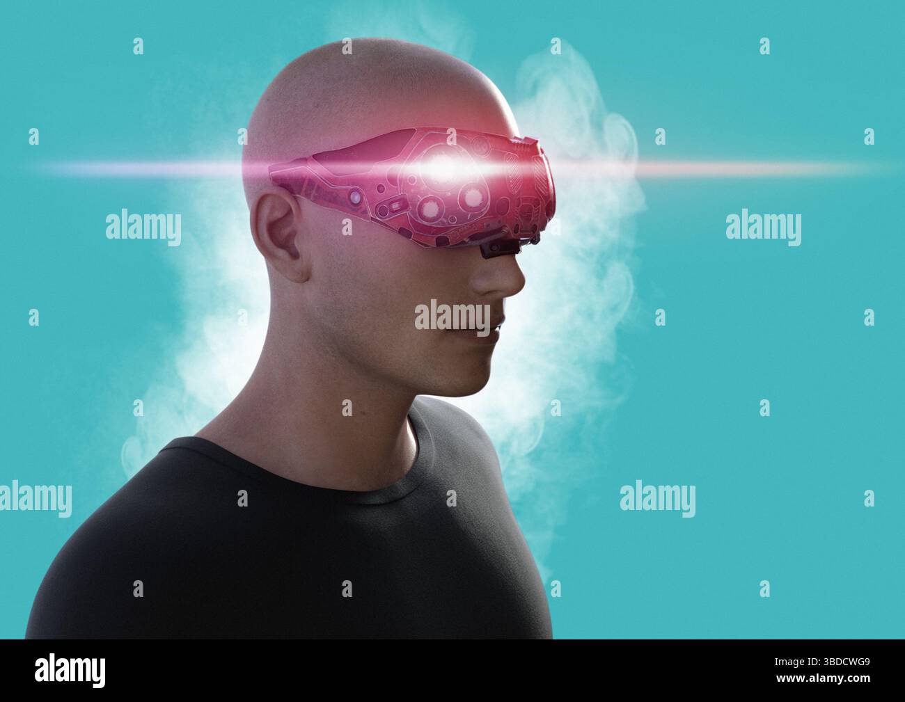 Uomo che indossa un visore per la realtà virtuale, illustrazione. Foto Stock