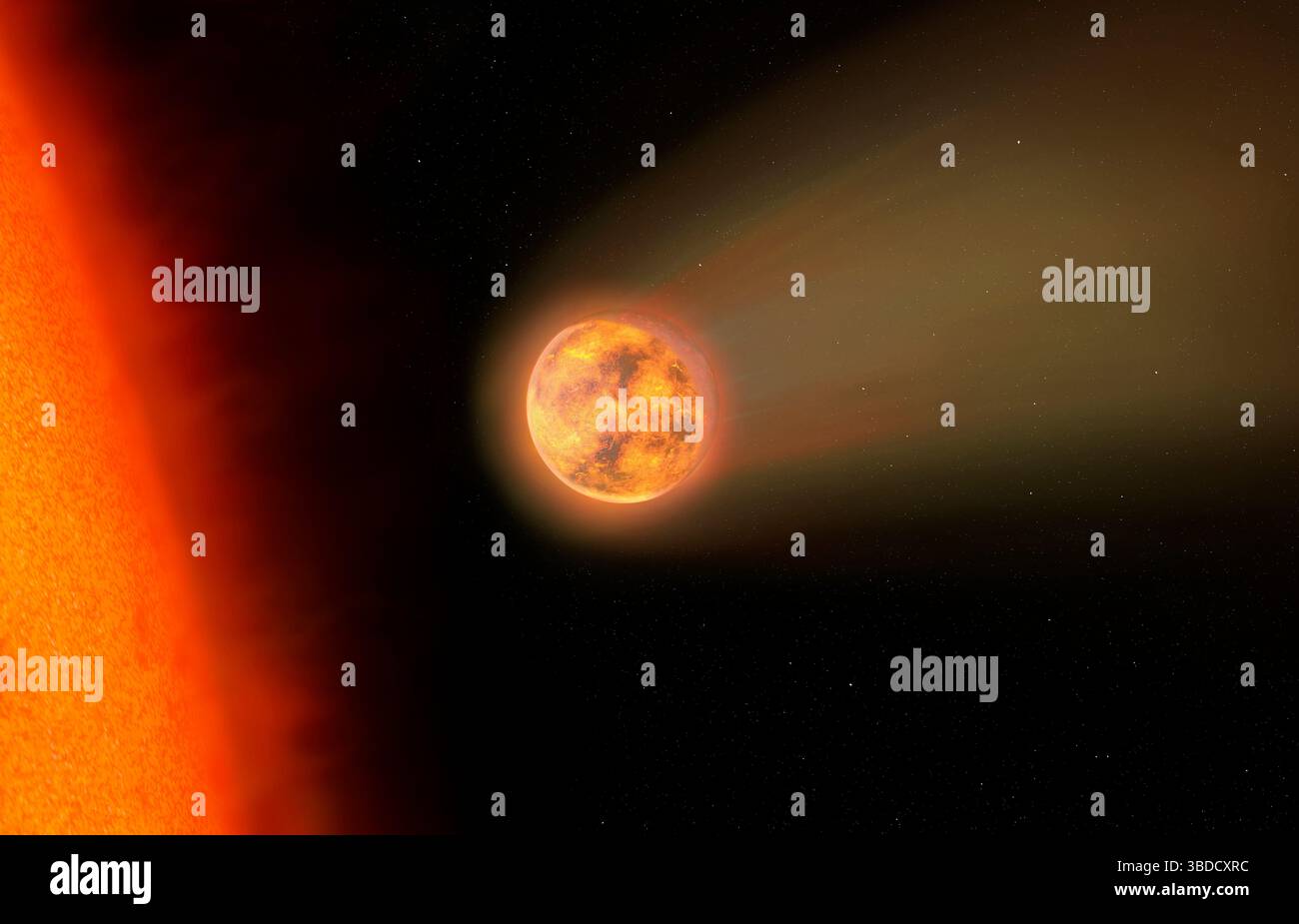 Si tratta di un'opera d'arte di un esopianeta roccioso fuso che orbita così vicino alla sua stella che la sua atmosfera viene rimossa dal feroce flusso ultravioletto della stella Foto Stock