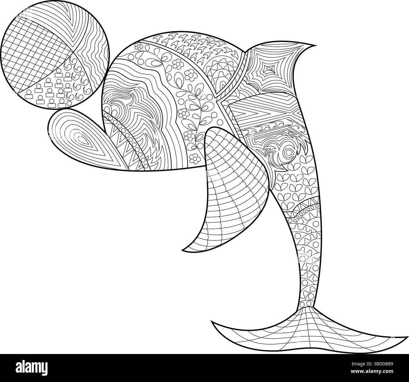 Illustrazioni dettagliate in bianco e nero di un delfino che gioca con una palla, adornata da intricati motivi ispirati allo zentangolo. Perfetto come un colon Illustrazione Vettoriale