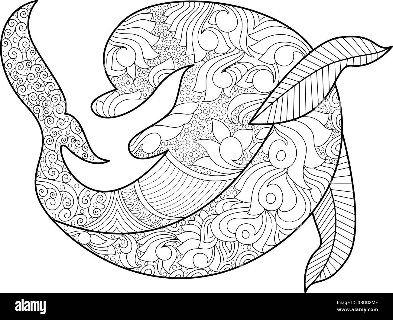 Due delfini illustrati in un dettagliato stile line art, pieni di intricati motivi ispirati allo zentangle. Perfetto per colorare libri, alleviare lo stress, io Illustrazione Vettoriale