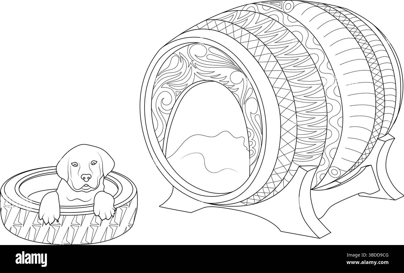 Adorabile cagnolino che si rilassa in un letto di gomma accanto a una casa per cani a forma di barile con fantasie intricate. Questa illustrazione grafica in bianco e nero è perf Illustrazione Vettoriale