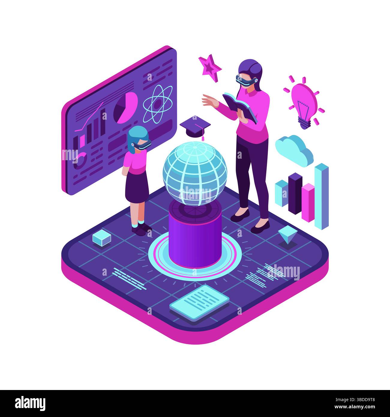 Insegnante isometrico e studente in classe metaversa virtuale. Il concetto di "Metaverse Classroom" e "realtà virtuale per l'istruzione" Illustrazione Vettoriale