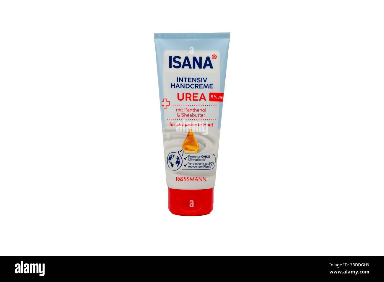 Germania Berlino 23 maggio 2025. Crema per le mani ISANA con urea. Crema nutriente per le mani con 5% di urea, pantenolo e burro di karitè per una pelle molto stanca. Imballaggio Foto Stock