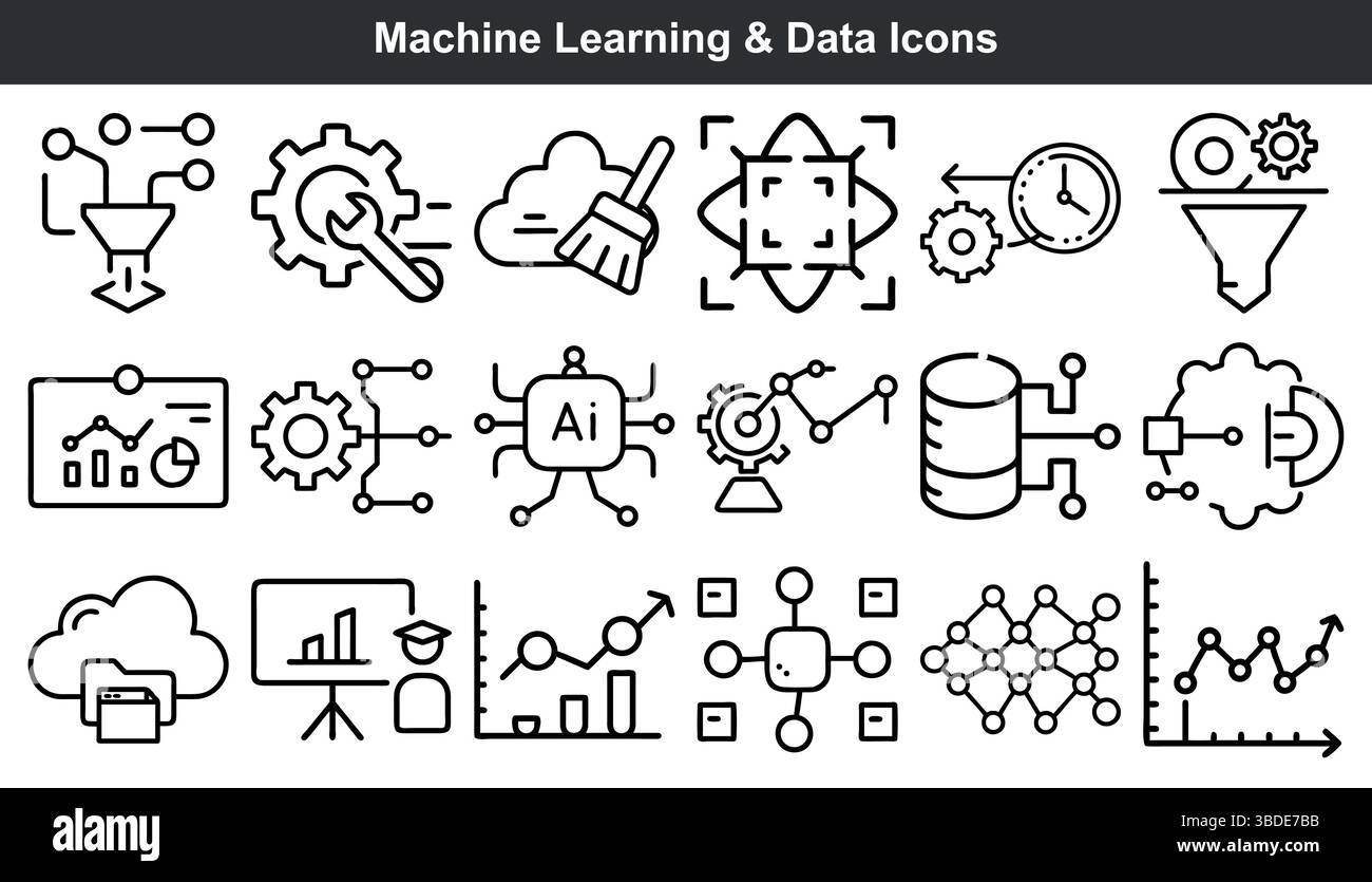 Icone dei dati di apprendimento automatico tecnologia ai analisi dei big data Illustrazione Vettoriale