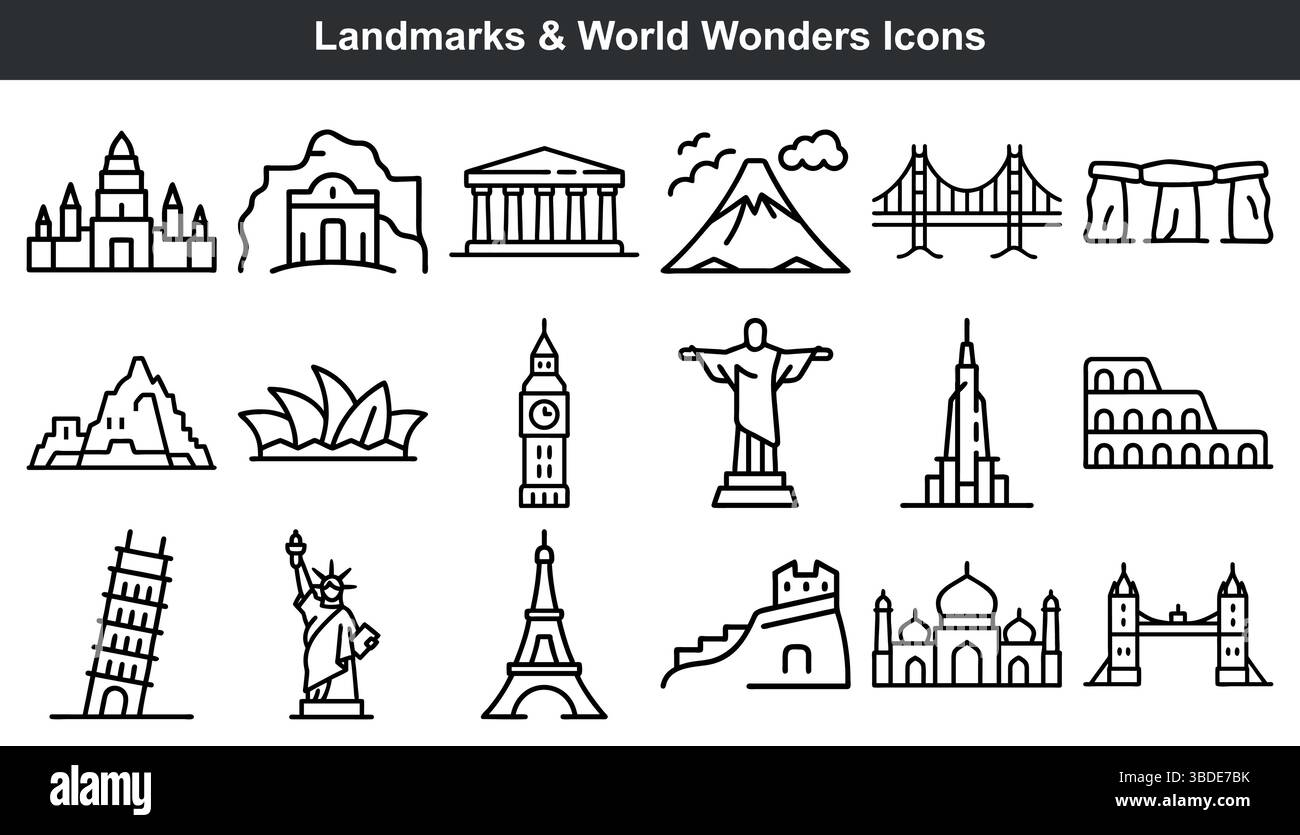 I monumenti e le meraviglie del mondo sono un'icona di arte a linee Illustrazione Vettoriale