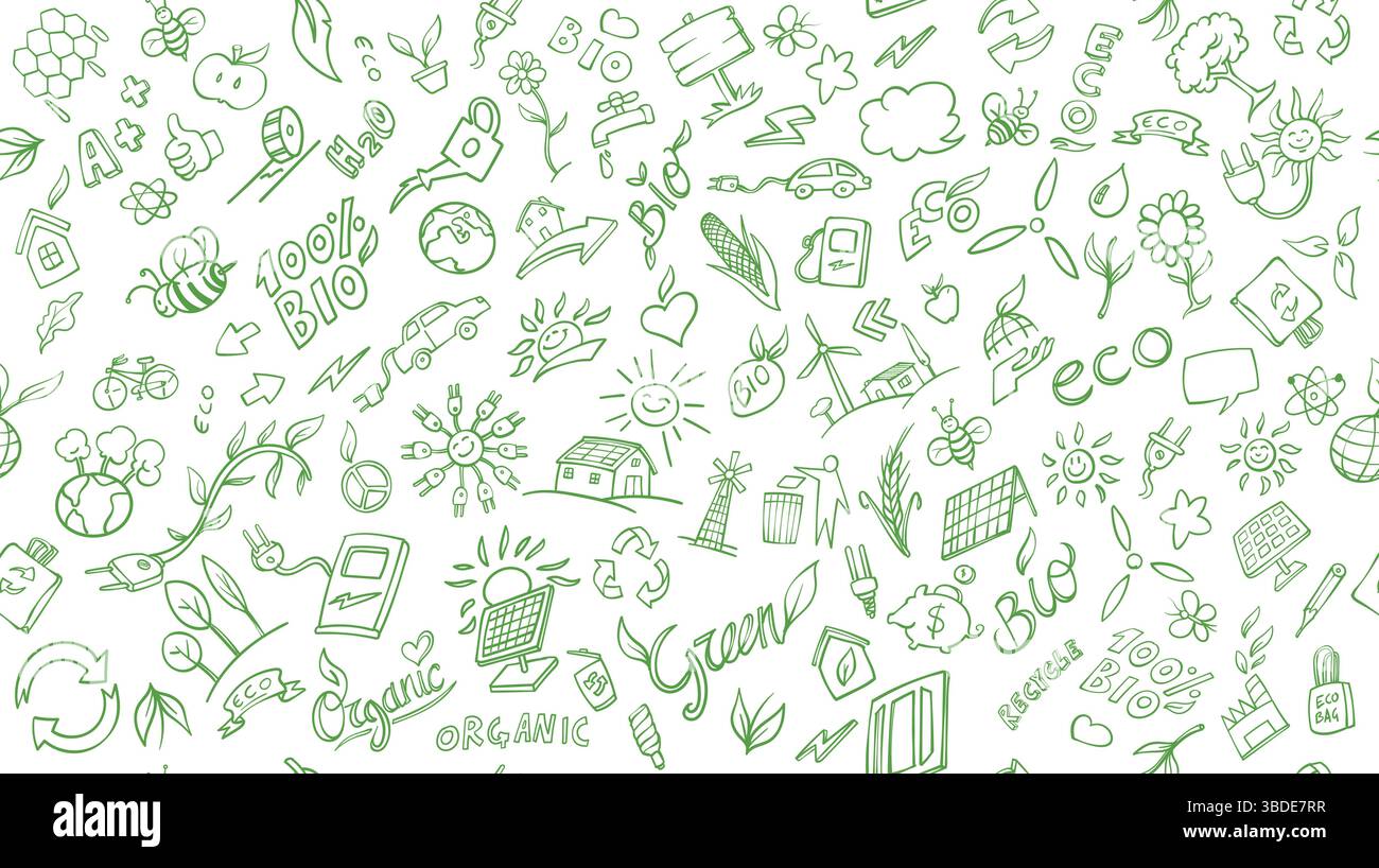 Oggetti ed elementi correlati all'ecologia orizzontale e all'ambiente. Collezione di illustrazioni vettoriali disegnate a mano Illustrazione Vettoriale