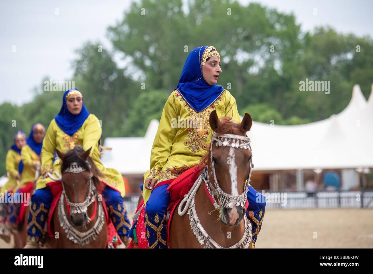 Windsor, Berkshire, Regno Unito. 15 maggio 2025. La mostra della Royal Cavalry of Oman al Royal Windsor Horse Show nei terreni privati del Castello di Windsor nel Berkshire. The Oman - A Passion for Tradition Performance porta gli spettatori in un viaggio attraverso i suggestivi paesaggi dell'Oman, tutti portati in vita da oltre 30 cavalli arabi, due carrozze tradizionali che distribuiscono incenso e una banda di marcia. Crediti: Maureen McLean/Alamy Foto Stock