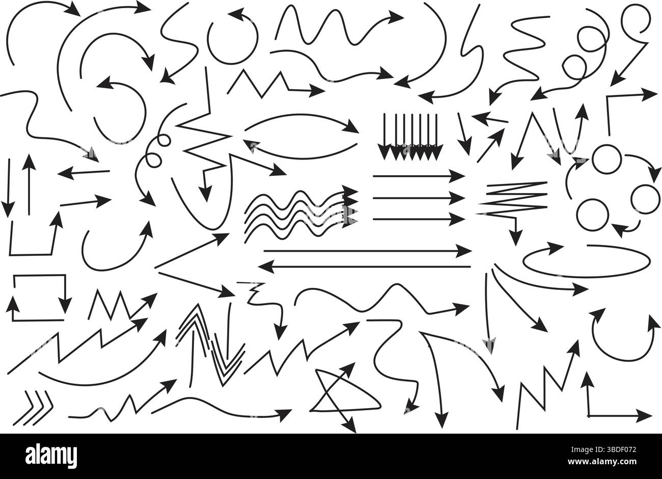 Set di frecce a doodle disegnate a mano - raccolta vettoriale, elementi freccia di schizzo in bianco e nero creativi, versatili puntatori direzionali disegnati a mano. Illustrazione Vettoriale