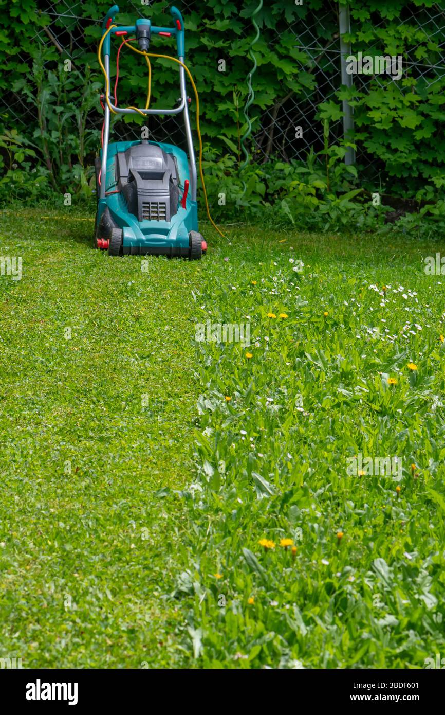 Giardino verde, rasaerba elettrico e forte contrasto tra erba tagliata e erba non tagliata Foto Stock