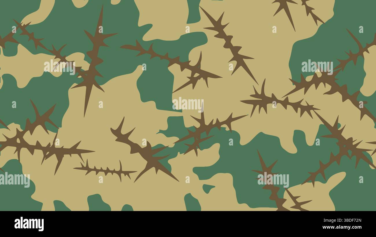 Sfondo con motivo mimetico vettoriale con filo spinato. Equipaggiamento da caccia, equipaggiamento tattico, da usare per scopi militari Illustrazione Vettoriale