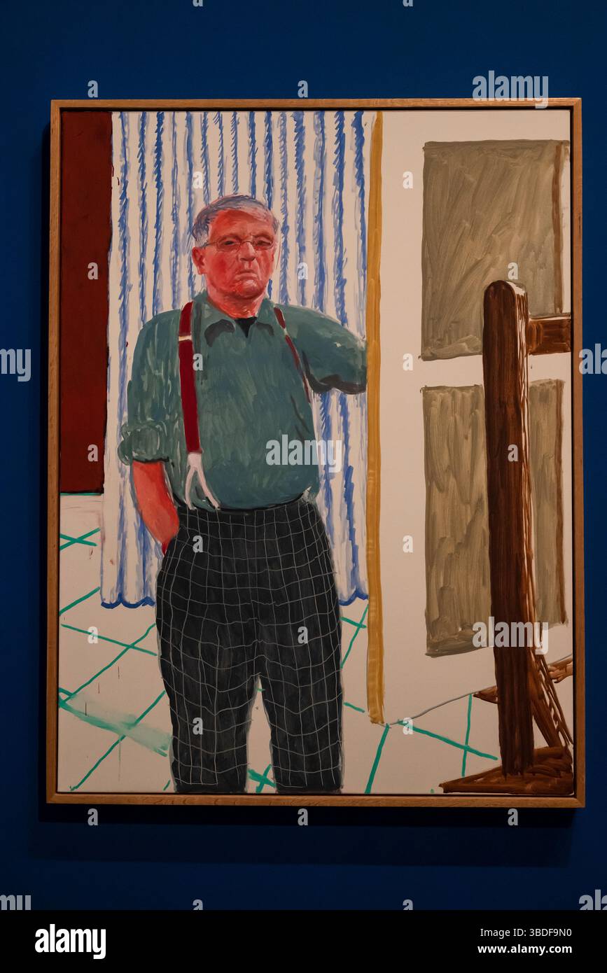 Autoritratto in piedi con il rinforzo rosso, 2005 pittura, mostra David Hockney 25, Fondazione Louis Vuitton, Parigi, Francia Foto Stock
