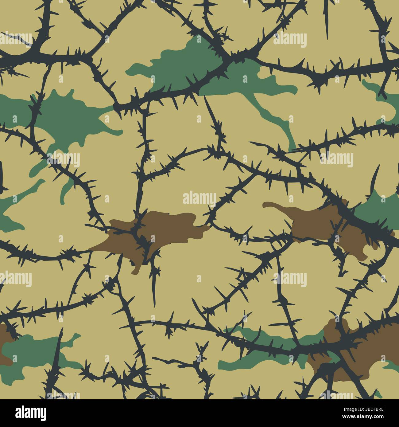 Un motivo mimetico con filo spinato senza cuciture in tonalità terrose, perfetto per la caccia, l'allenamento e l'uso militare, che si fonde perfettamente con l'ambiente esterno robusto Illustrazione Vettoriale