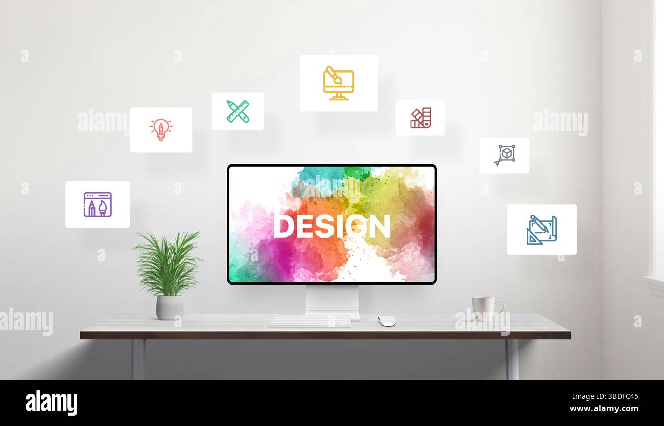 Area di lavoro creativa che mostra il processo di progettazione attraverso icone simboliche intorno a uno schermo ad acquerello, che rappresenta strumenti, idee e sviluppo visivo Foto Stock