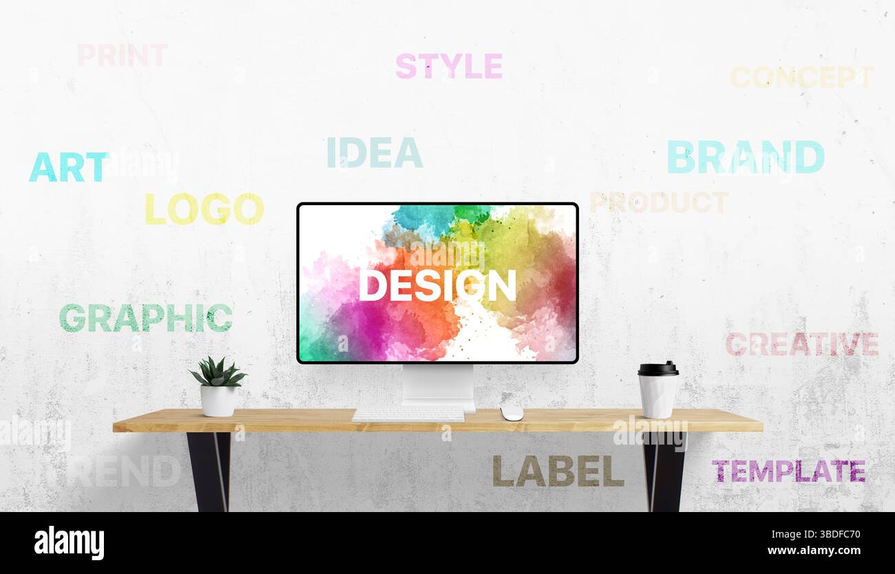 Configurazione dell'ufficio con schermo digitale e parete bianca piena di termini correlati al design come idea, logo, marchio e arte: Un linguaggio visivo di creatività Foto Stock