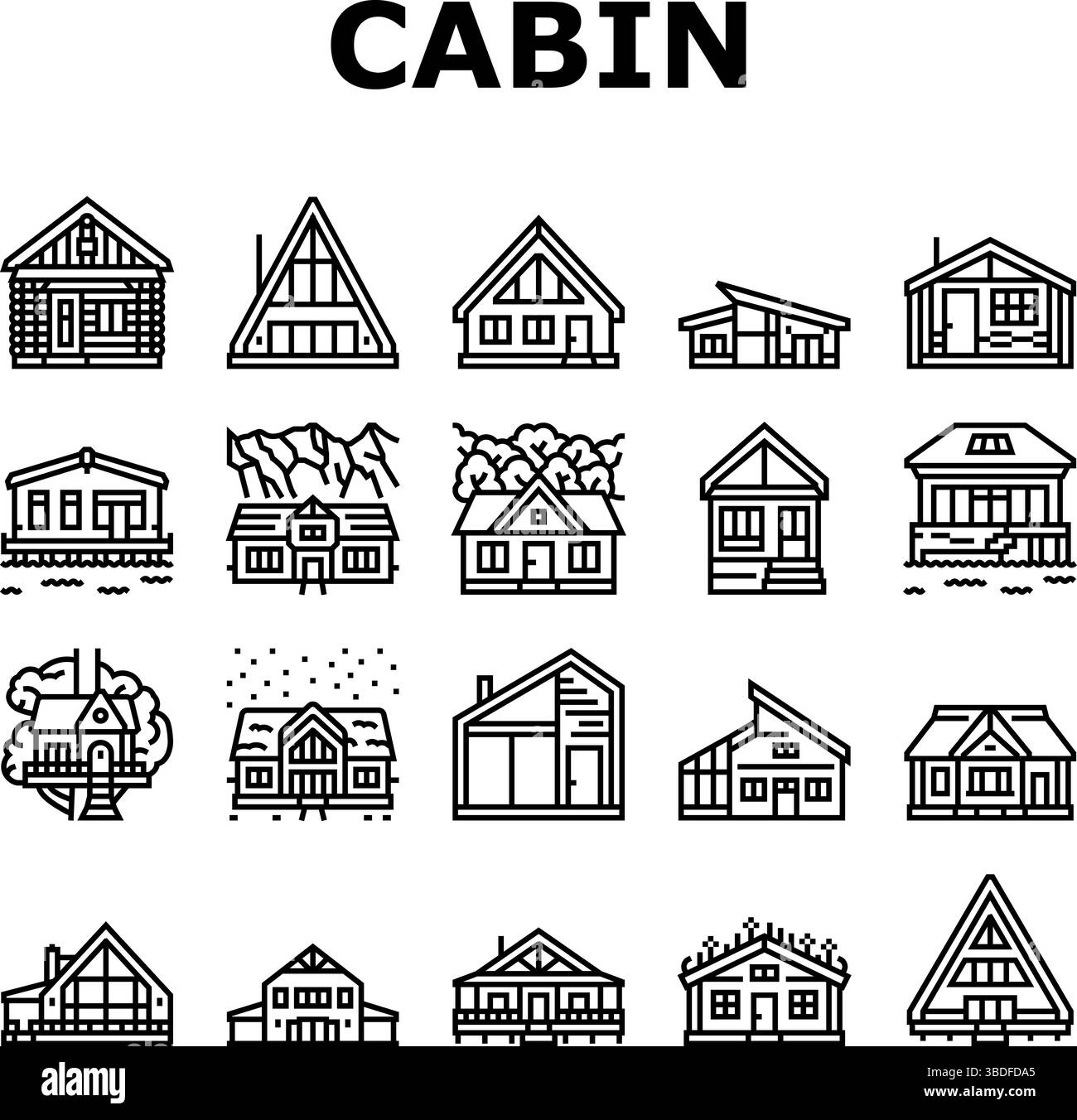 le icone del tronco della cabina in legno impostano il vettore Illustrazione Vettoriale